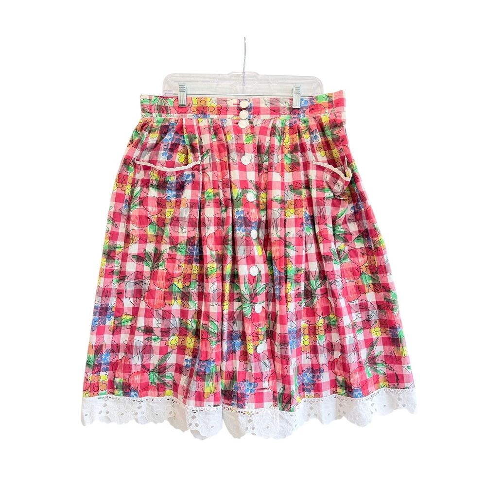 Sportalm Fruit Print Gingham Midi Skirt Eyelet Lace Button Front Pocket retro 40